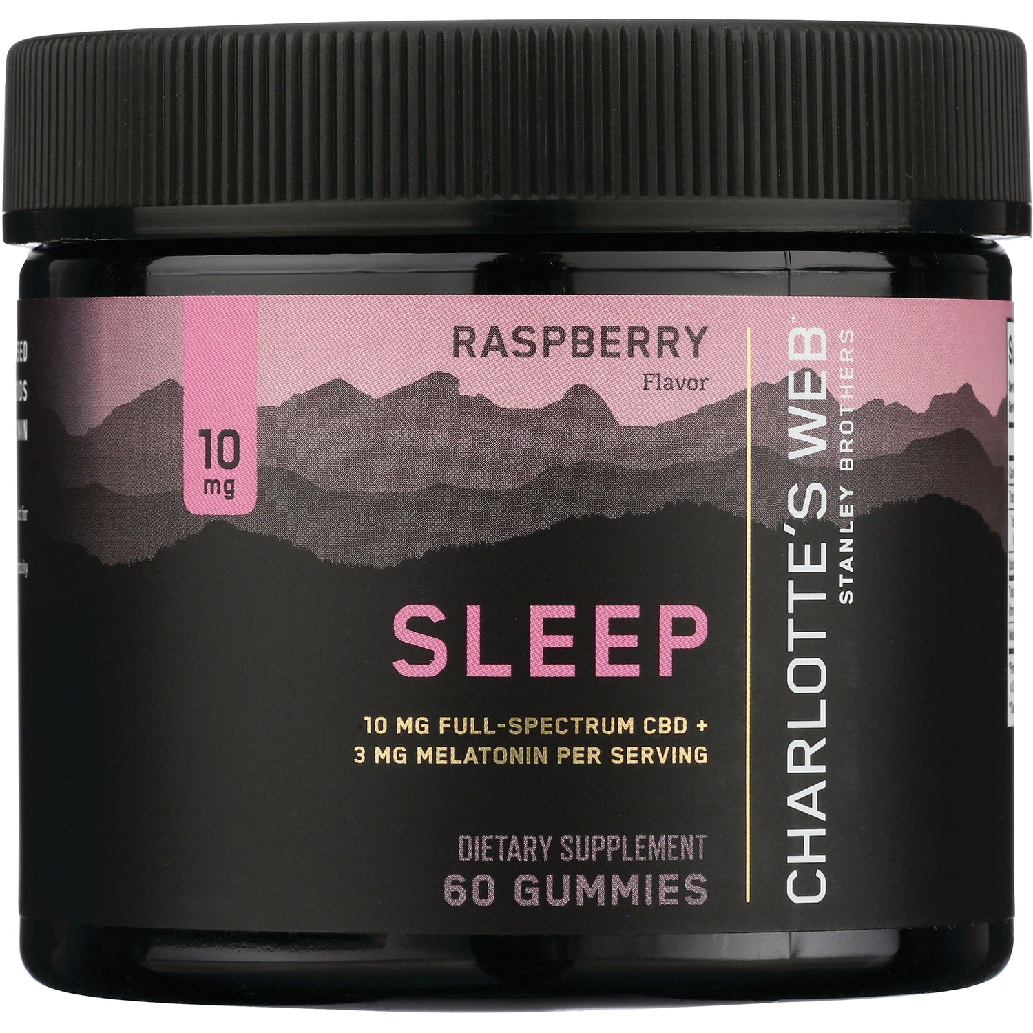 CHW016 | Black jar of raspberry Sleep gummies by Charlotte's Web, 60 gummies, 10 mg CBD and 3 mg melatonin per serving
