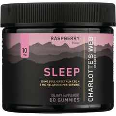 CHW016 | Black jar of raspberry Sleep gummies by Charlotte's Web, 60 gummies, 10 mg CBD and 3 mg melatonin per serving