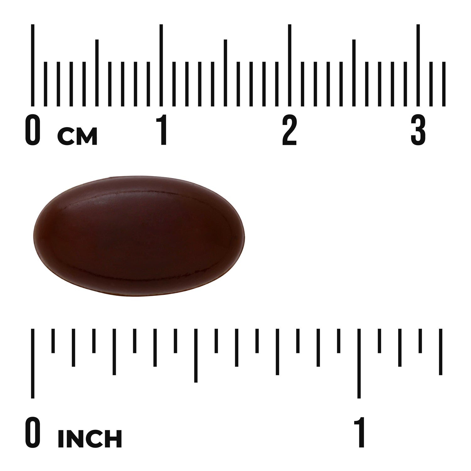SW1891 | Brown oval softgel shown with size rulers in cm and inches