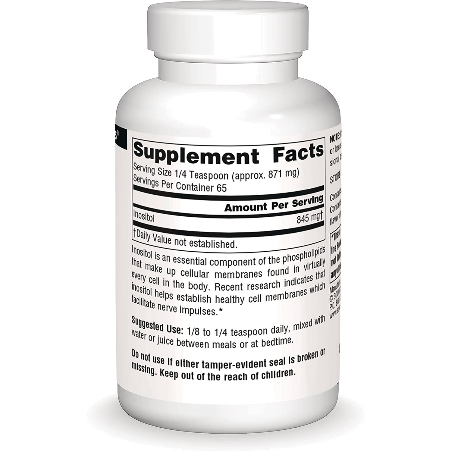 SN882 | Back label with Supplement Facts for inositol, serving size 1/4 teaspoon, 65 servings per container