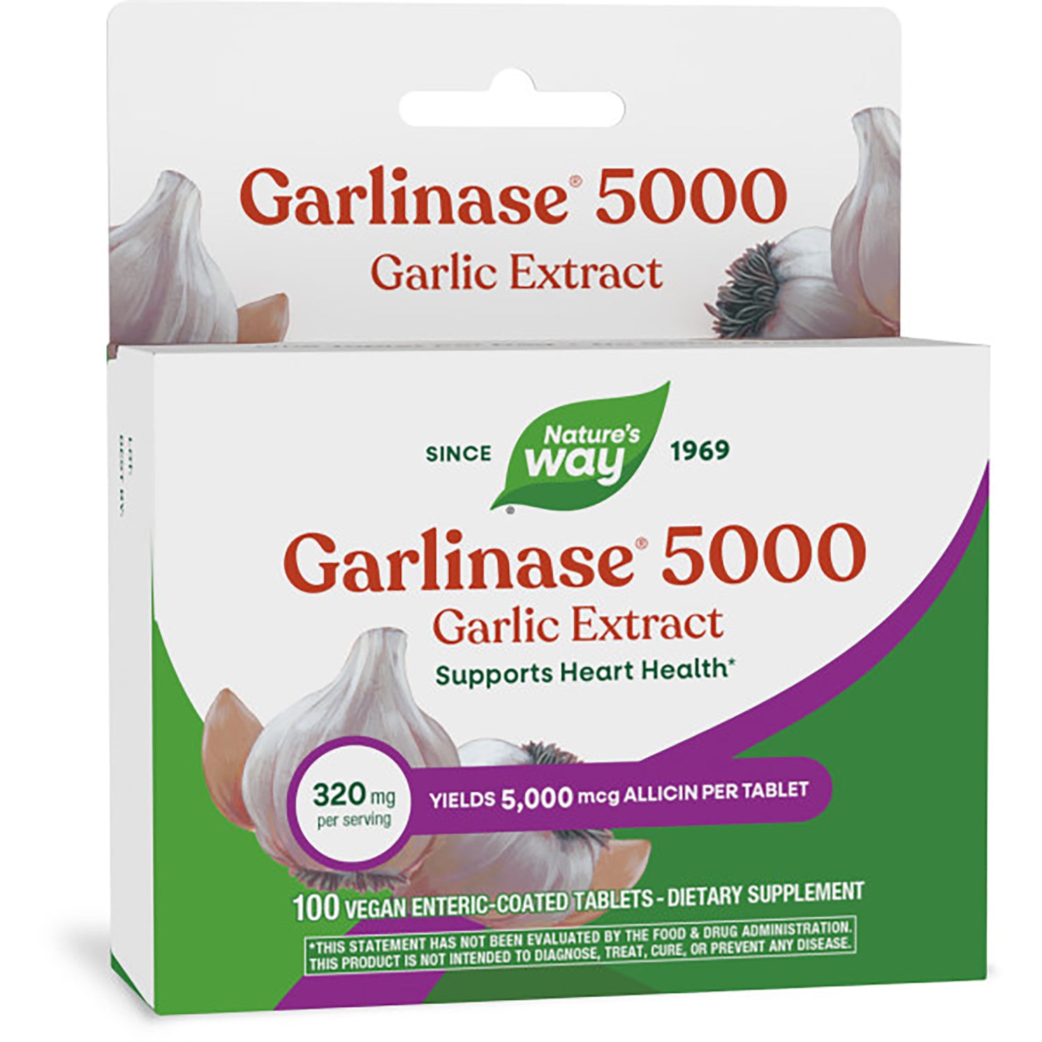 ET228 | Nature's Way GARLINASE 5000 garlic extract box front packaging showing supports heart health and 30 vegan enteric-coated tablets