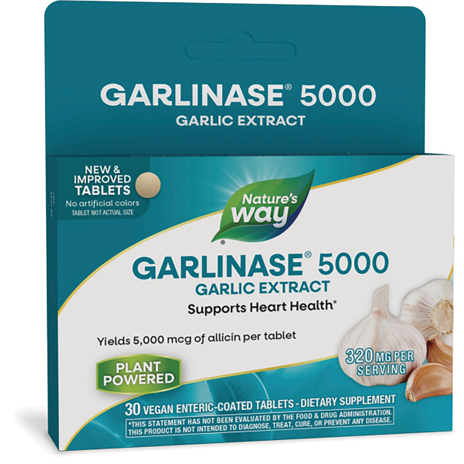 ET228 | Nature's Way GARLINASE 5000 garlic extract box front packaging showing supports heart health and 30 vegan enteric-coated tablets