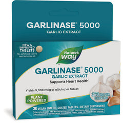 ET228 | Nature's Way GARLINASE 5000 garlic extract box front packaging showing supports heart health and 30 vegan enteric-coated tablets