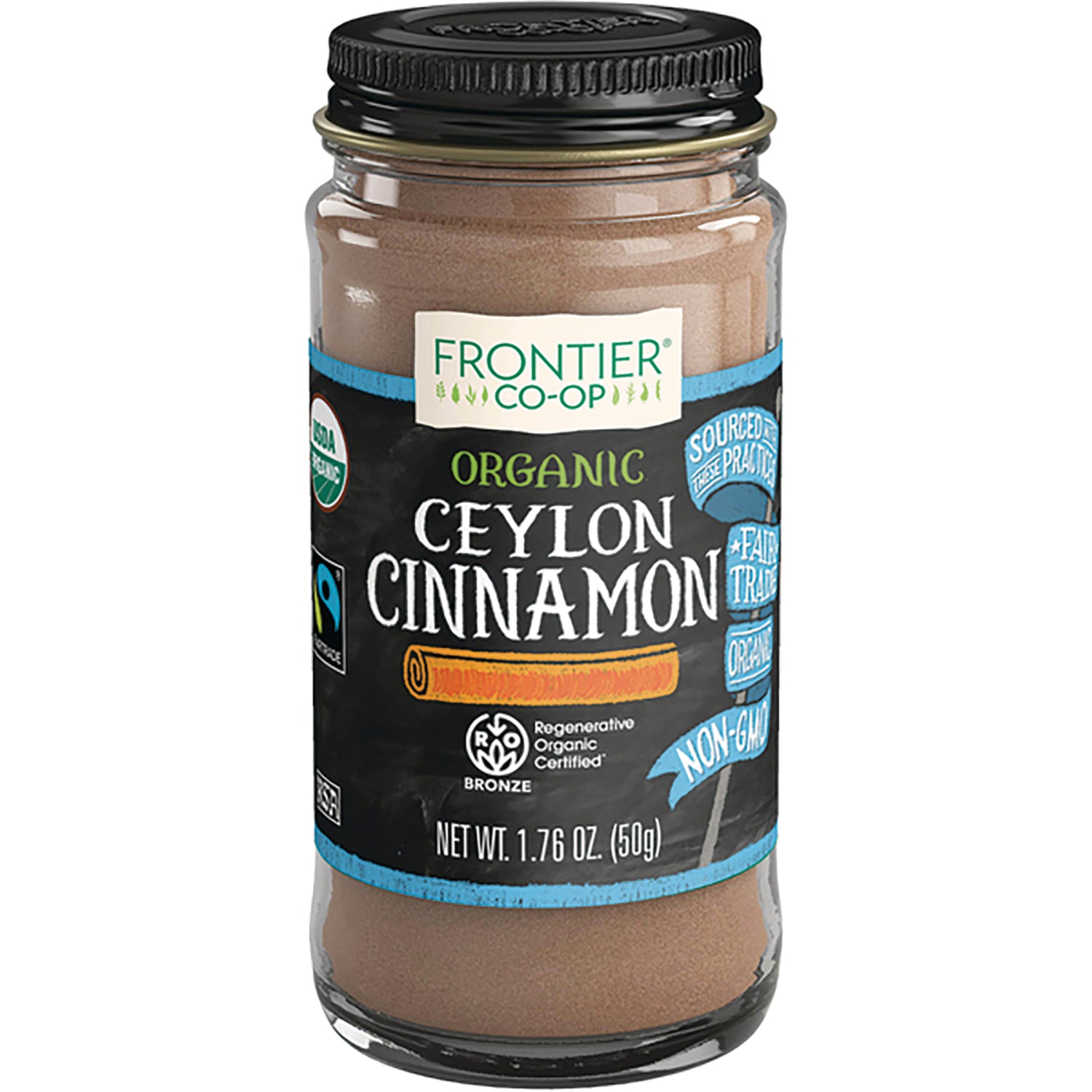 FNP008 | Frontier Co-op organic fair trade Ceylon cinnamon in glass jar with green label