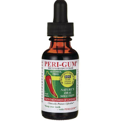 PRG001 | Amber dropper bottle of PERI-GUM mouthwash concentrate, alcohol free, label shows cayenne pepper graphic