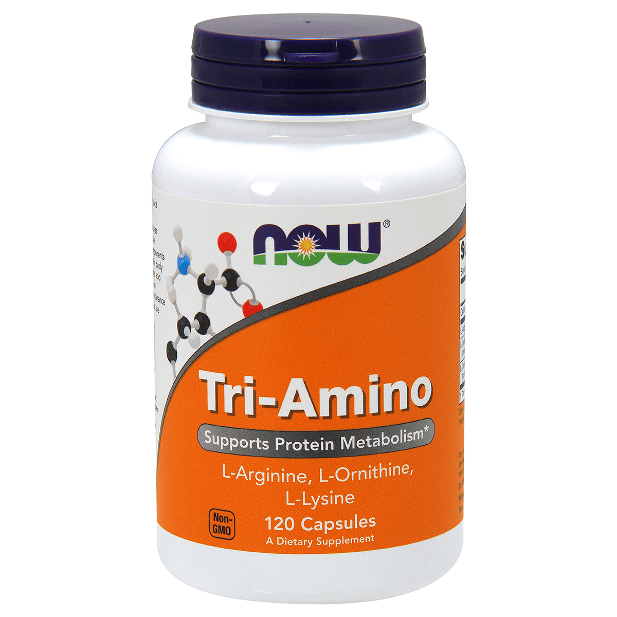 NWF1246 | NOW Tri-Amino supplement bottle with orange label reading Tri-Amino and Supports Protein Metabolism, 120 capsules