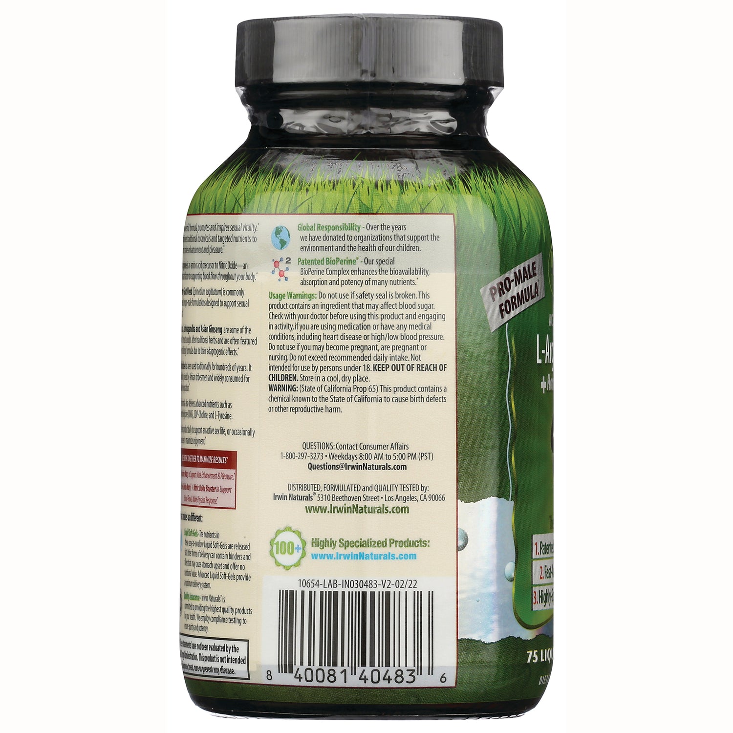 IR282 | product infographic back label on supplement bottle showing usage warnings, ingredient panel and barcode