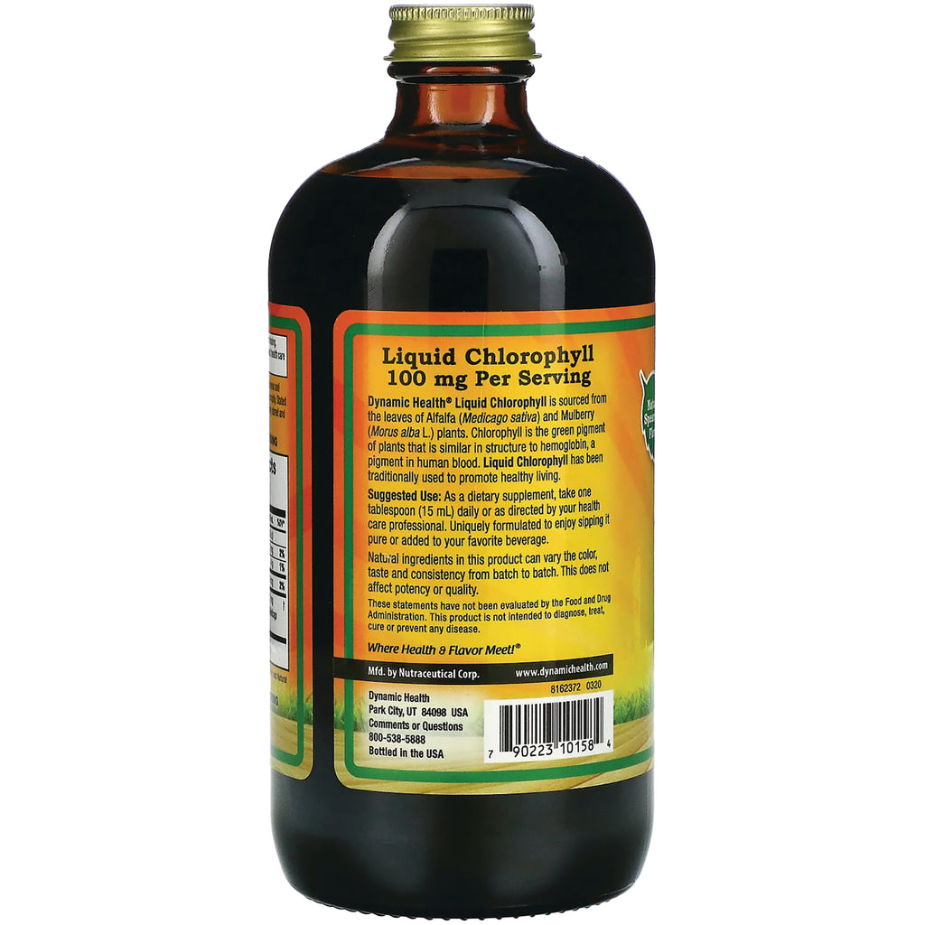 Brown glass bottle back label showing Liquid Chlorophyll 100 mg Per Serving and barcode - Thumbnail