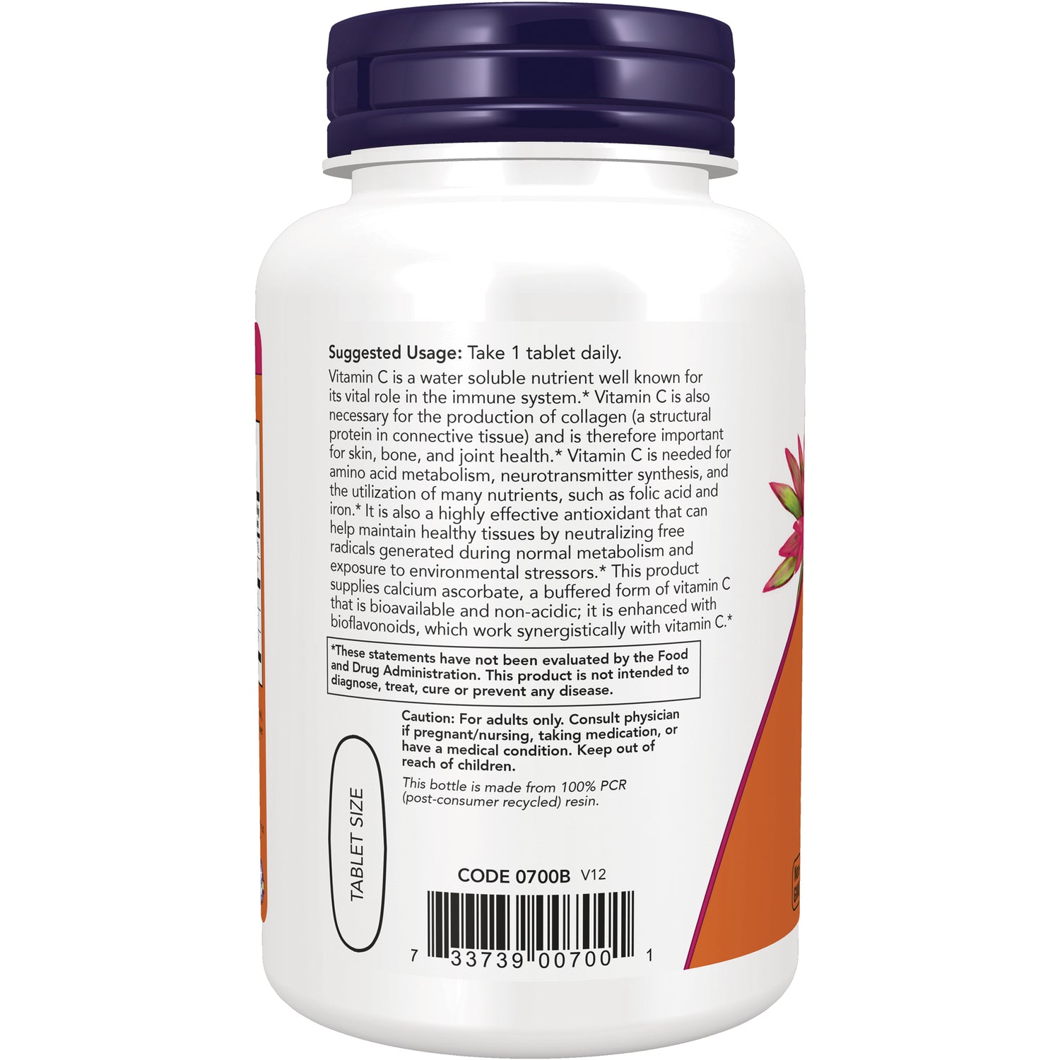 NWF659 | Back of white supplement bottle showing suggested usage text, caution, barcode, and tablet size graphic