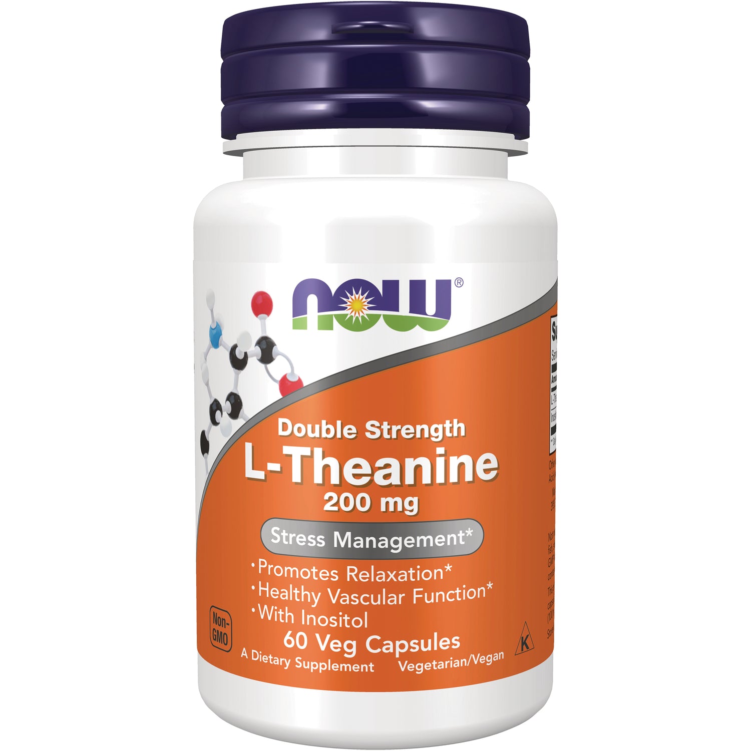 NWF767 | NOW Double Strength L-Theanine 200 mg bottle, orange label, 60 Veg Capsules, stress management