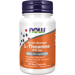 NWF767 | NOW Double Strength L-Theanine 200 mg bottle, orange label, 60 Veg Capsules, stress management