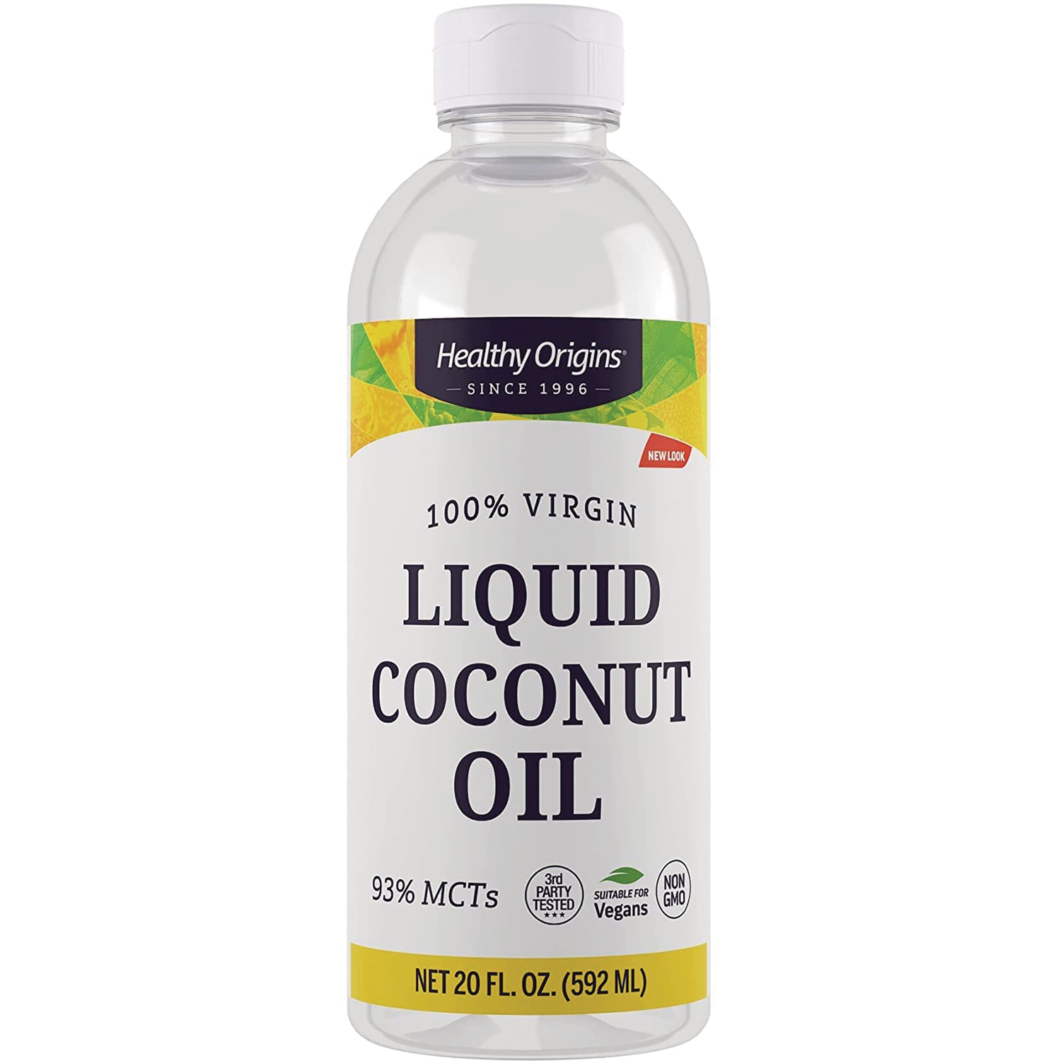 HRG088 | Healthy Origins 100% virgin liquid coconut oil bottle, 20 fl oz, label shows 93% MCTs, suitable for vegans, non-GMO