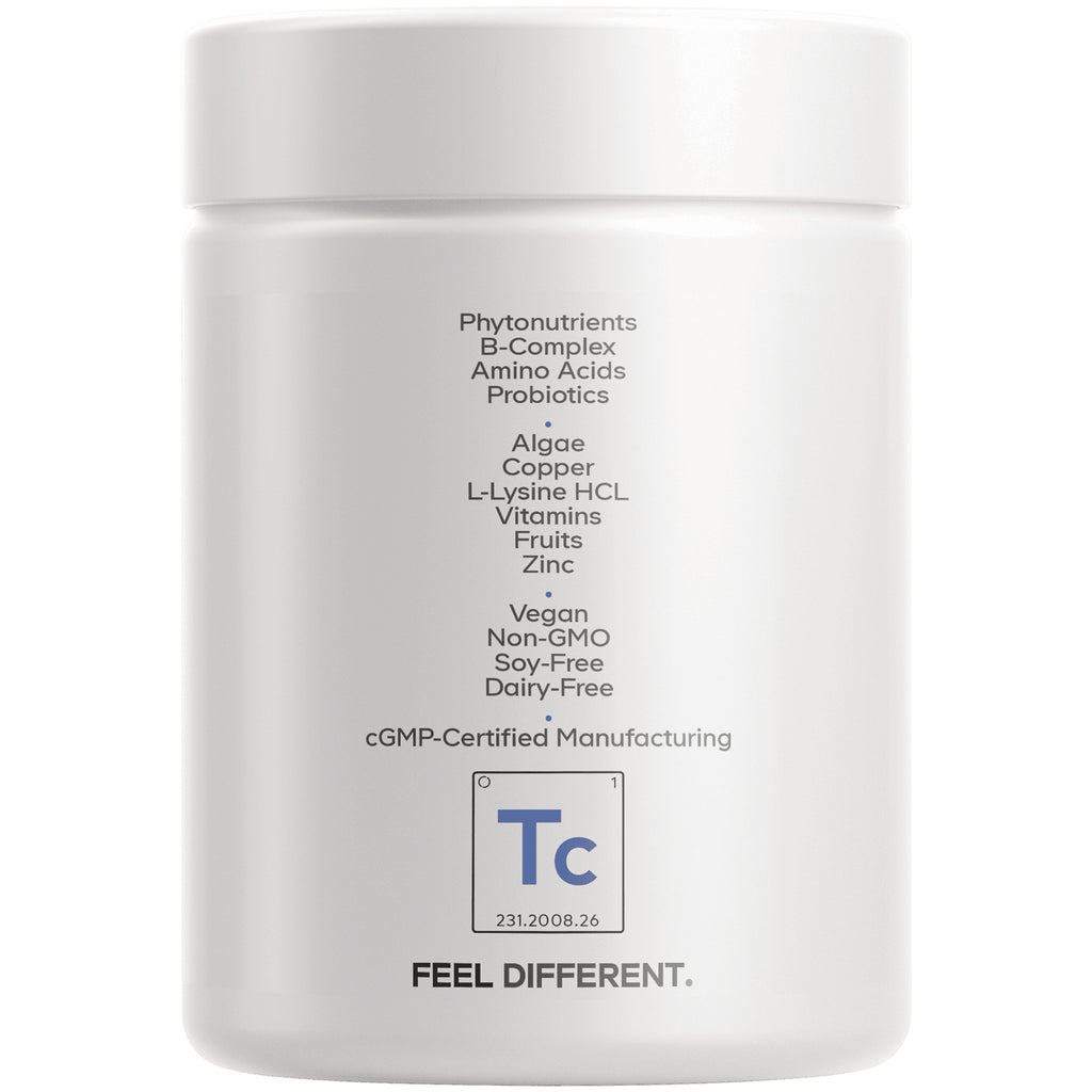 CDG063 | Back of white supplement jar listing ingredients and claims including Vegan, Non-GMO, cGMP-Certified Manufacturing and FEEL DIFFERENT - Thumbnail