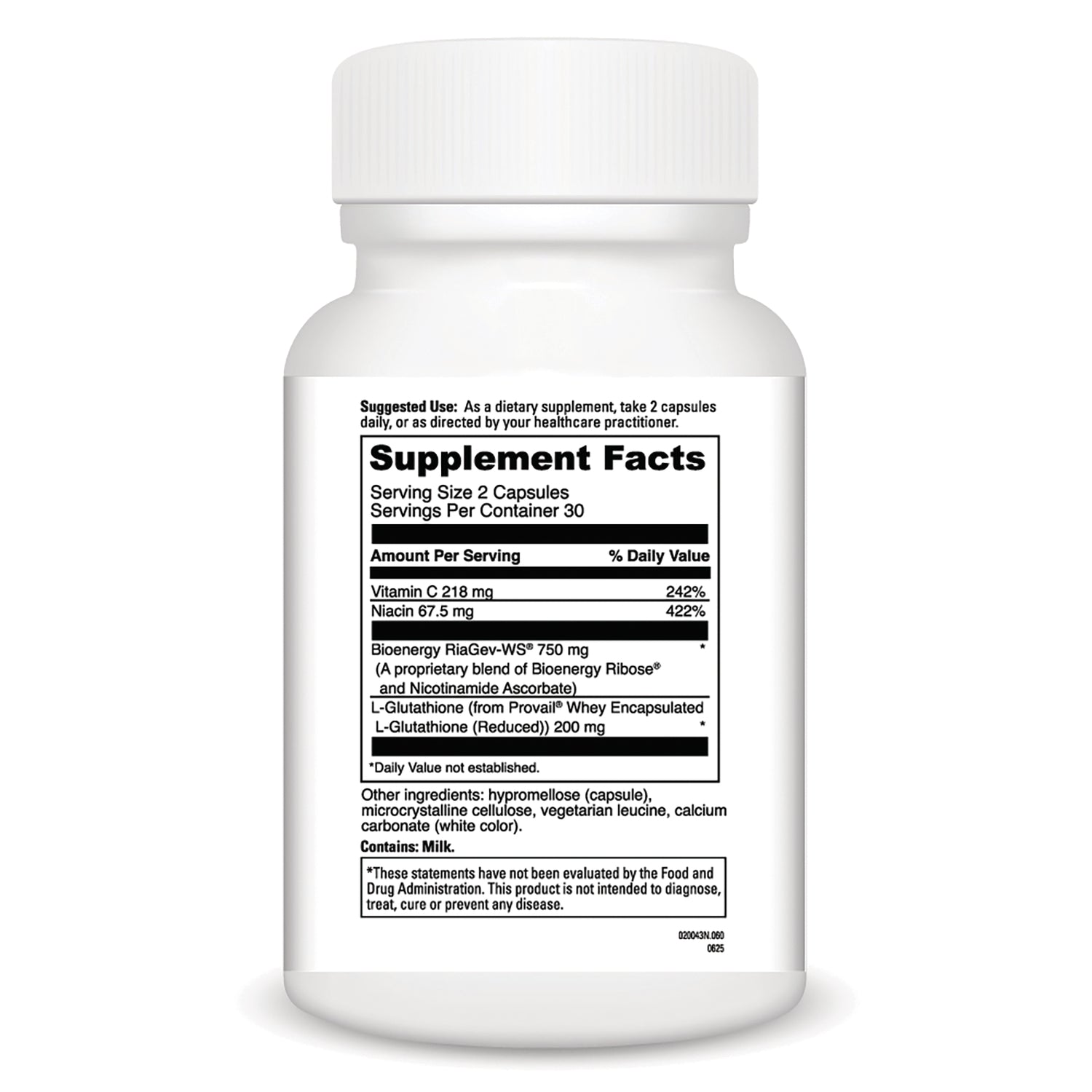 DVL170 | Back of white supplement bottle showing Supplement Facts panel with serving size 2 capsules and ingredient list