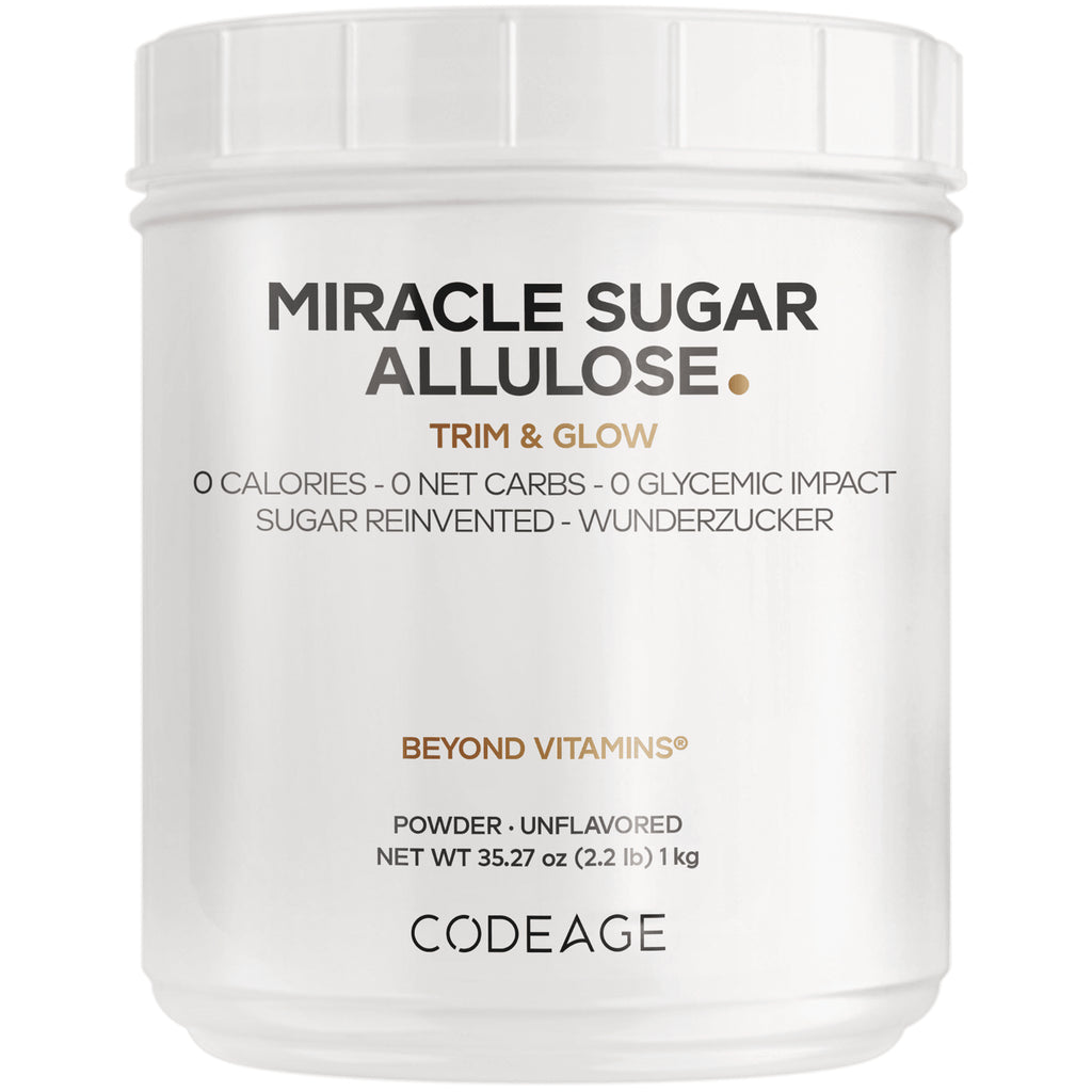 CDG070 | Front view of white tub labeled MIRACLE SUGAR ALLULOSE Trim & Glow powder 1 kg CODEAGE - Thumbnail