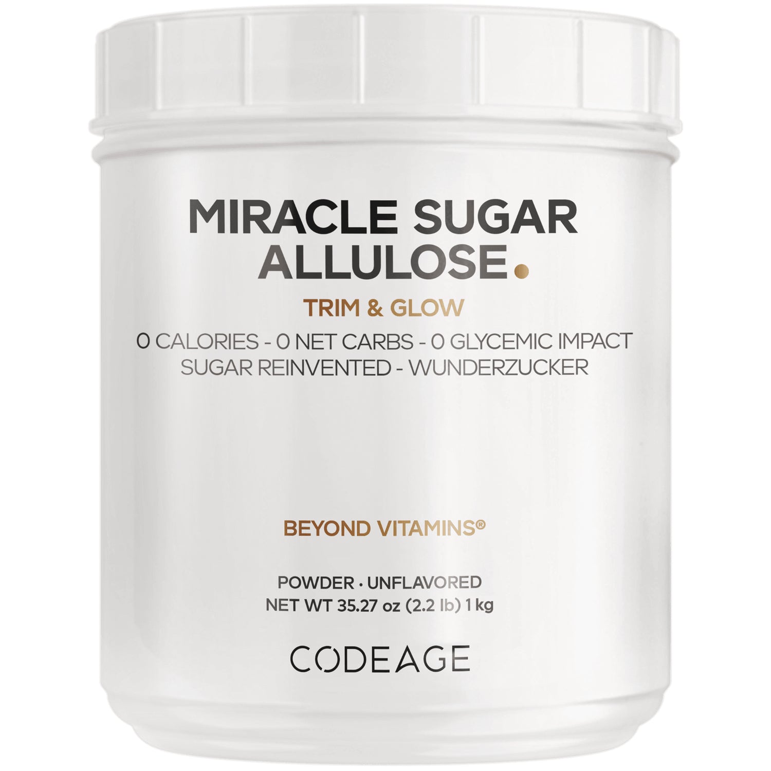 CDG070 | Front view of white tub labeled MIRACLE SUGAR ALLULOSE Trim & Glow powder 1 kg CODEAGE