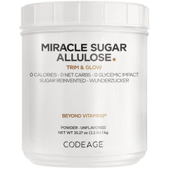 CDG070 | Front view of white tub labeled MIRACLE SUGAR ALLULOSE Trim & Glow powder 1 kg CODEAGE