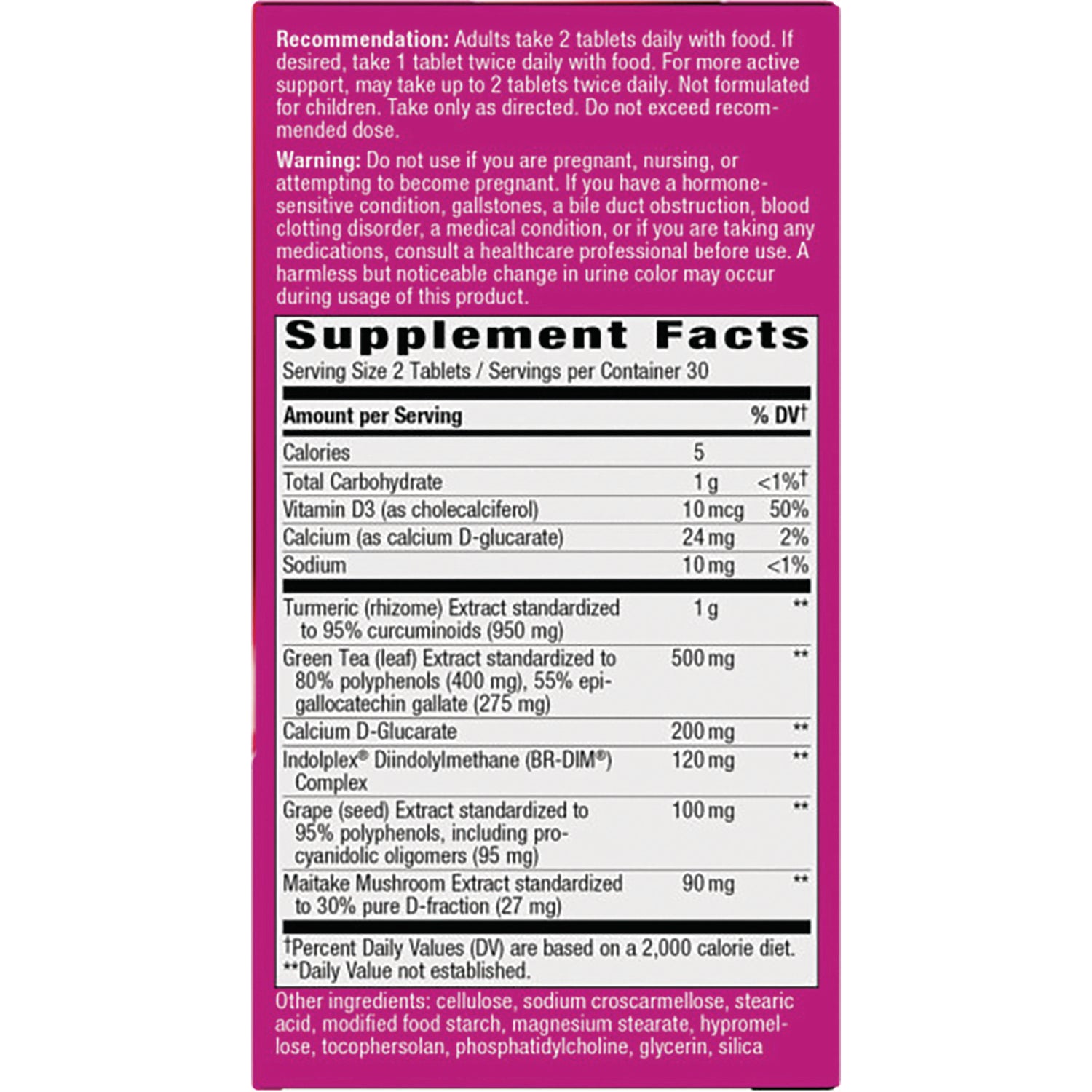 ET455 | back of pink supplement box showing Supplement Facts panel with serving size, nutrient amounts, and warnings