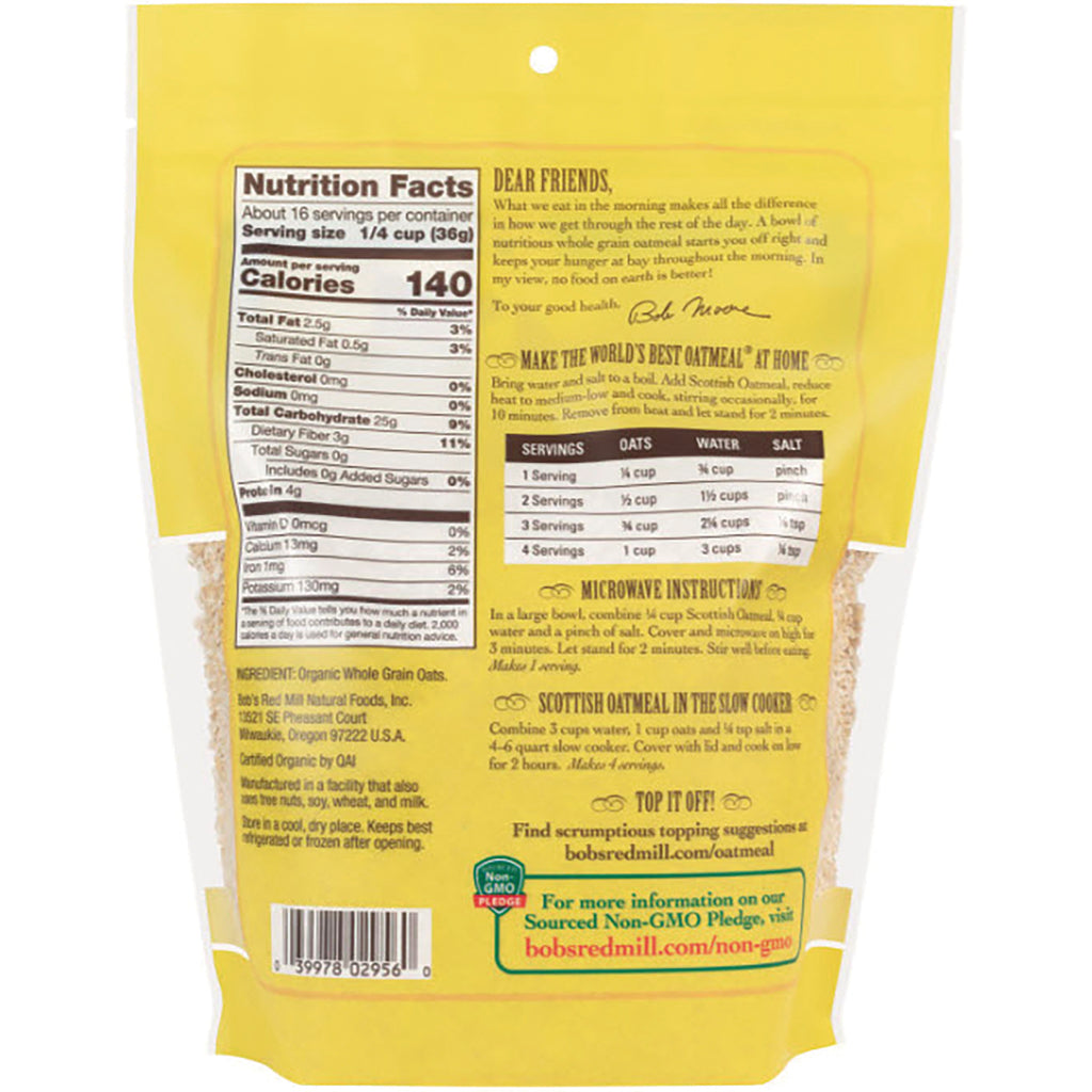 BOB316 | back of yellow oatmeal pouch showing nutrition facts, serving chart, cooking instructions, and barcode - Thumbnail