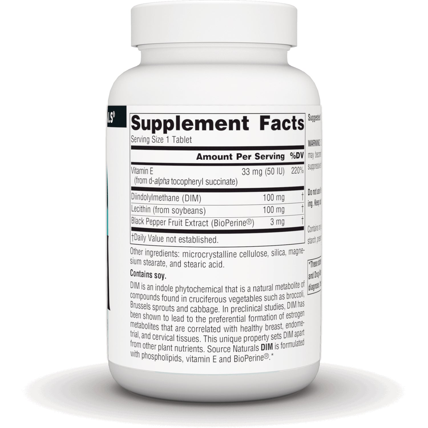 SN337 | Back label with Supplement Facts and other ingredients for DIM tablets
