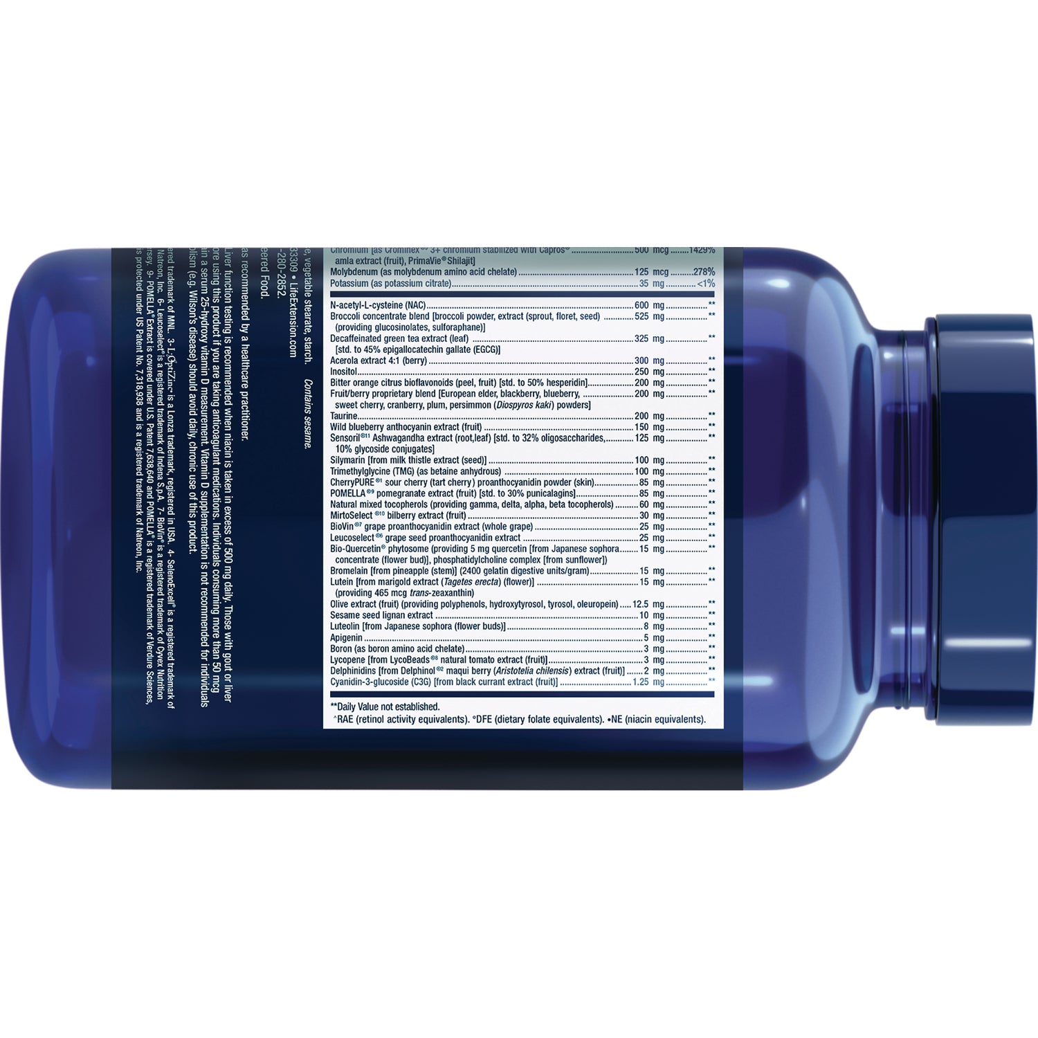 LE561 | Blue supplement bottle on its side showing back label with supplement facts and ingredient list