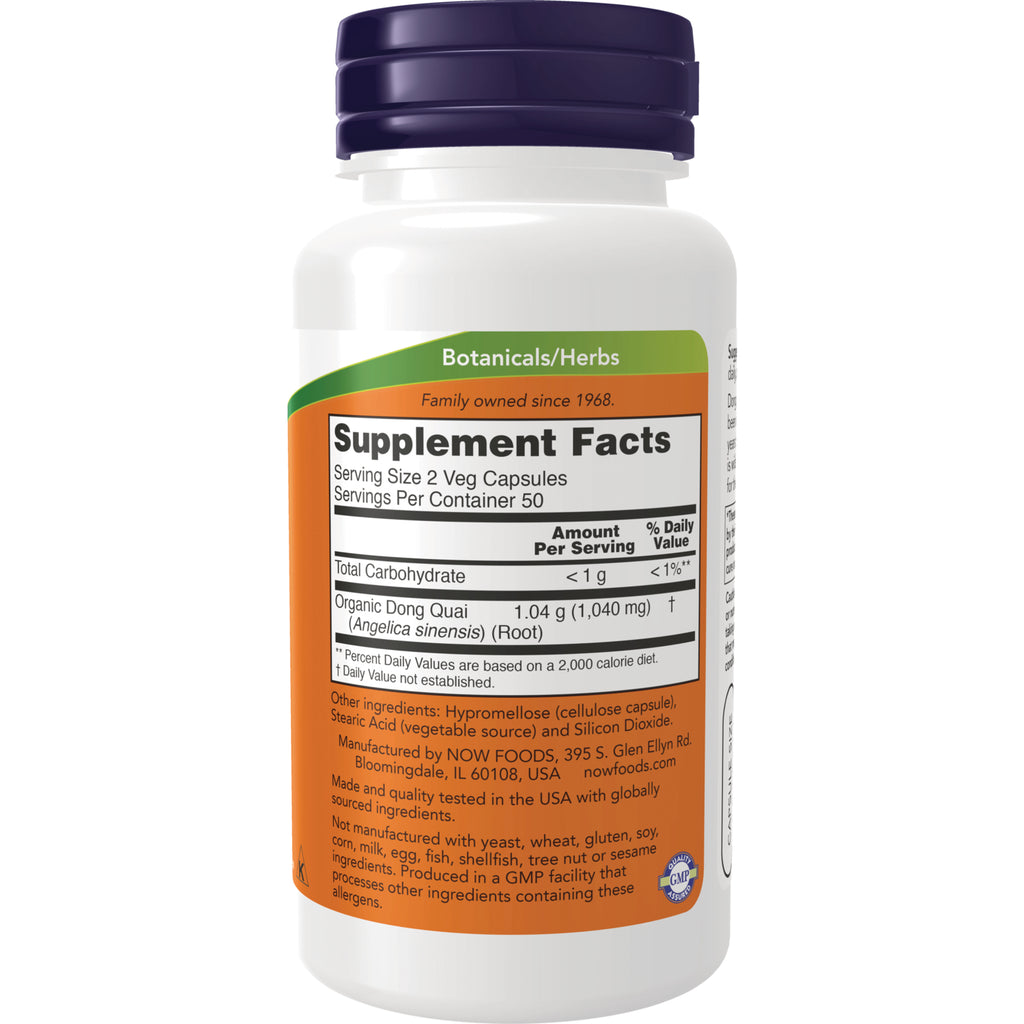 NWF537 | back of white supplement bottle showing Supplement Facts panel and ingredient text for Organic Dong Quai - Thumbnail