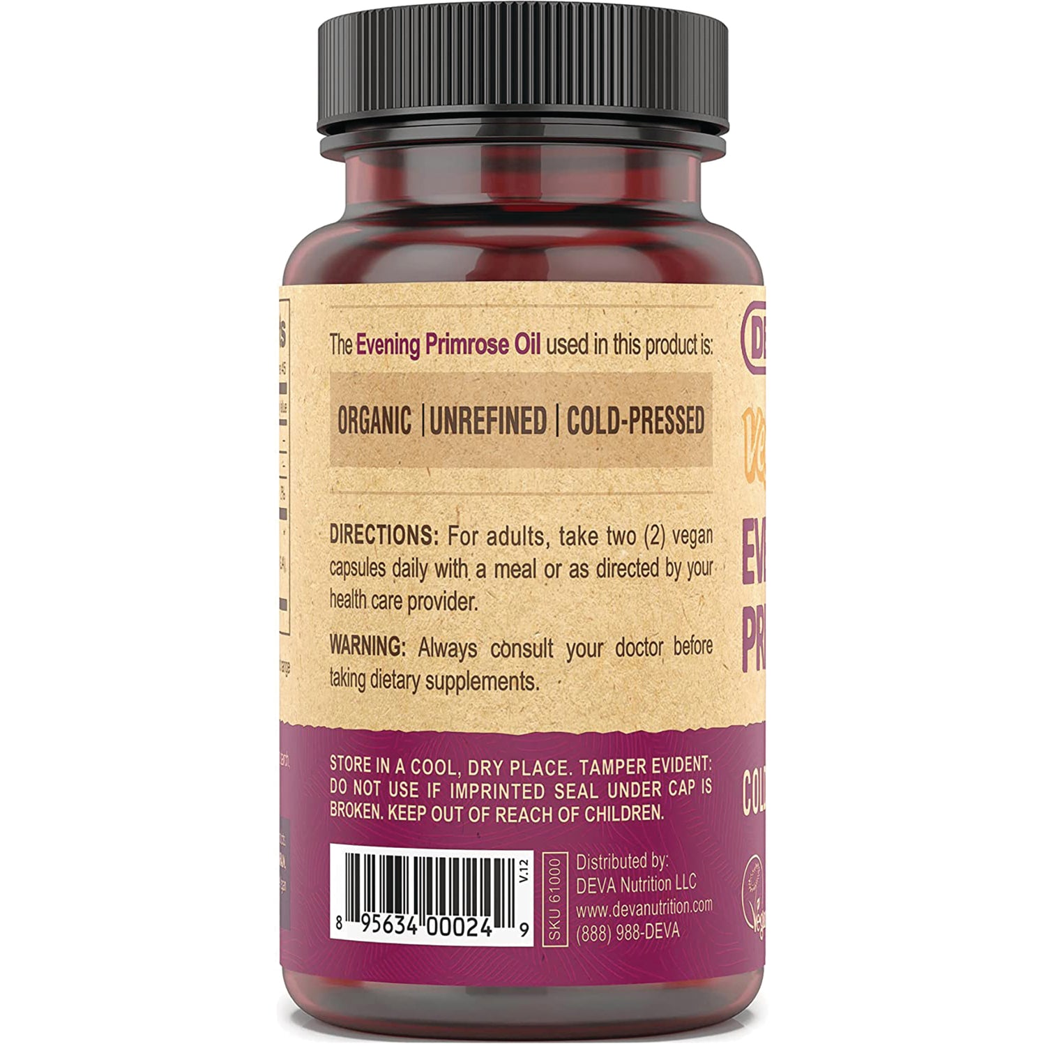 DEV020 | Back label of brown supplement bottle showing directions, warning, organic unrefined cold-pressed callout and barcode