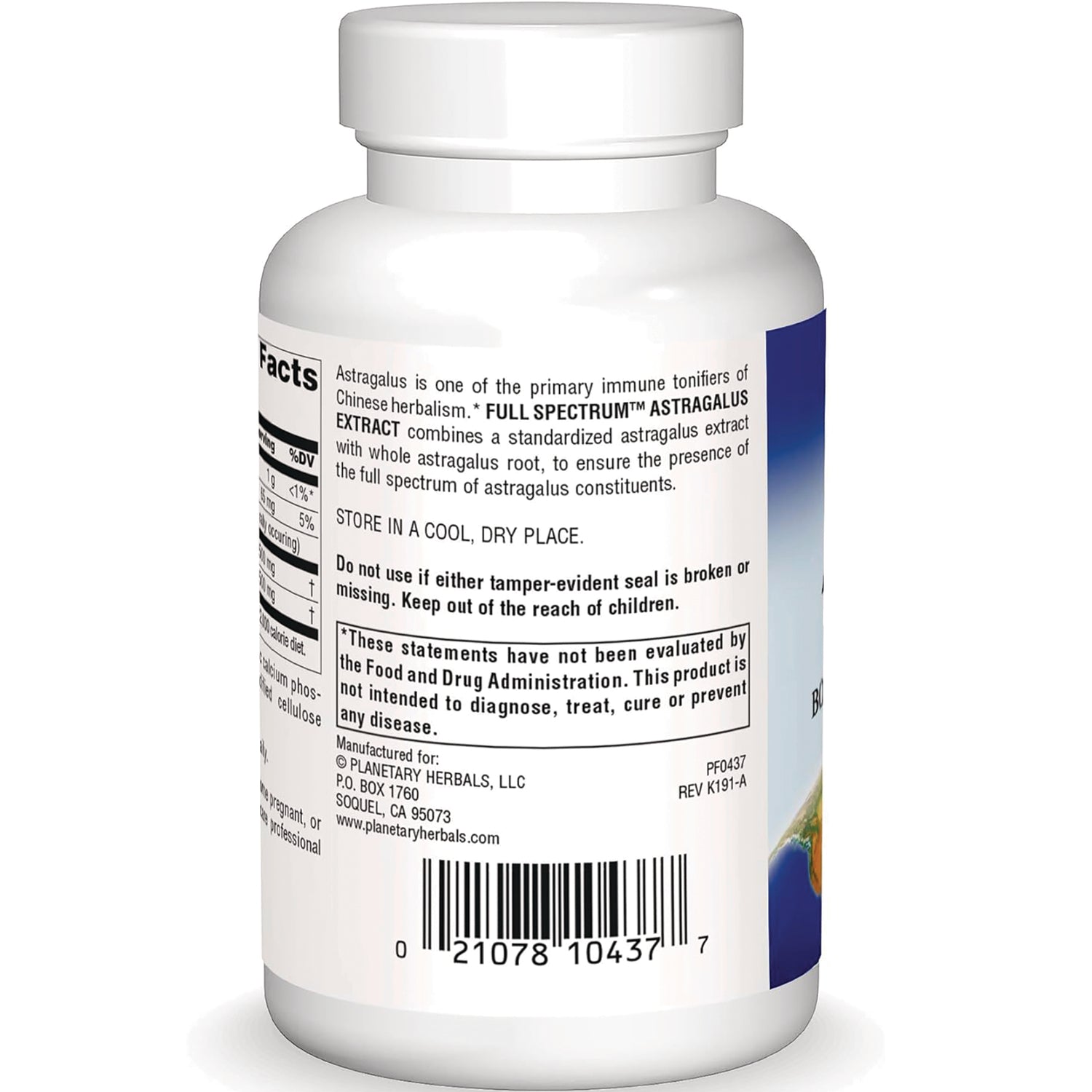 PF096 | back label of white supplement bottle with astragalus extract description FDA disclaimer and barcode