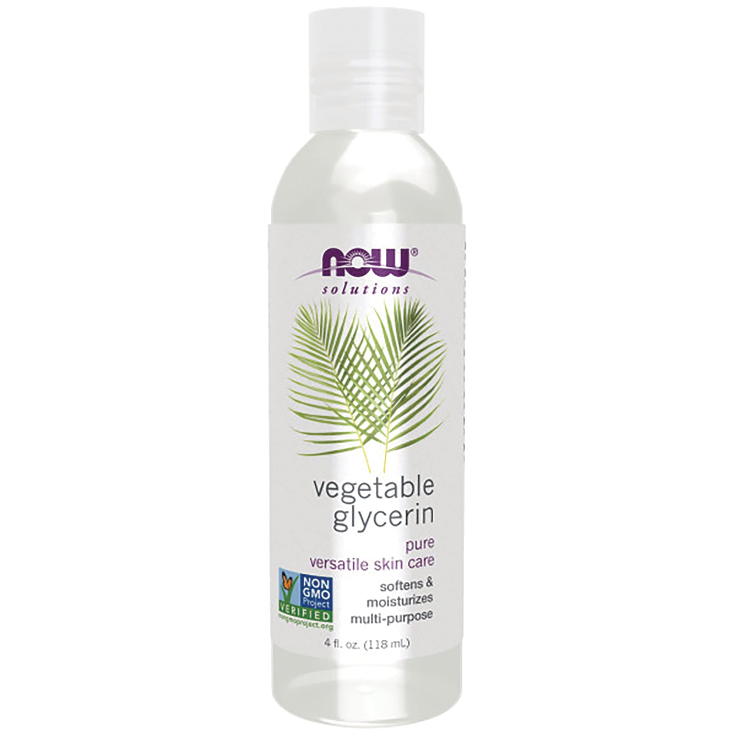 NWF361 | NOW Solutions vegetable glycerin 4 fl oz bottle front label with palm leaf and Non-GMO seal