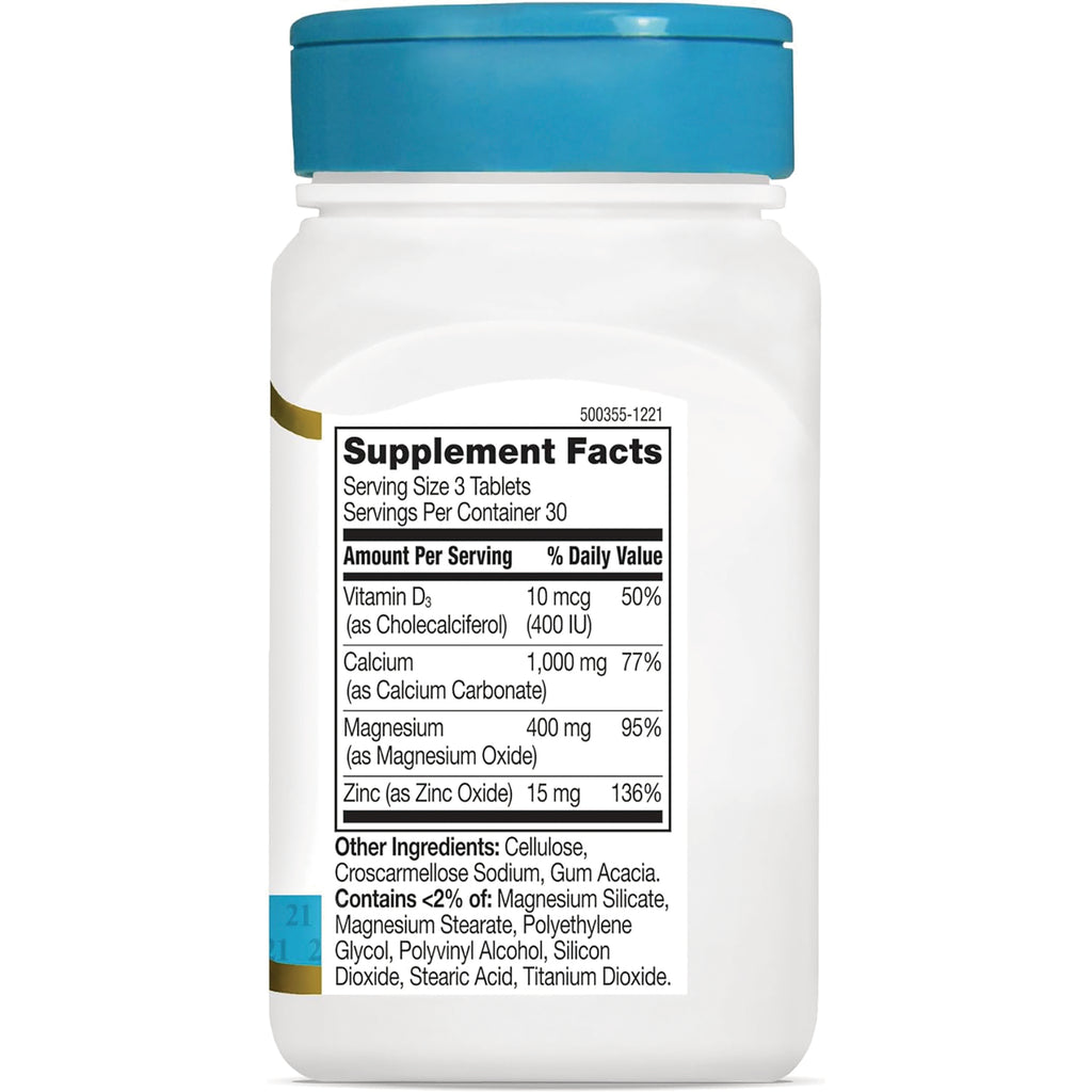CNT018 | back of white supplement bottle showing Supplement Facts panel with serving size, vitamin D3, calcium, magnesium, zinc - Thumbnail