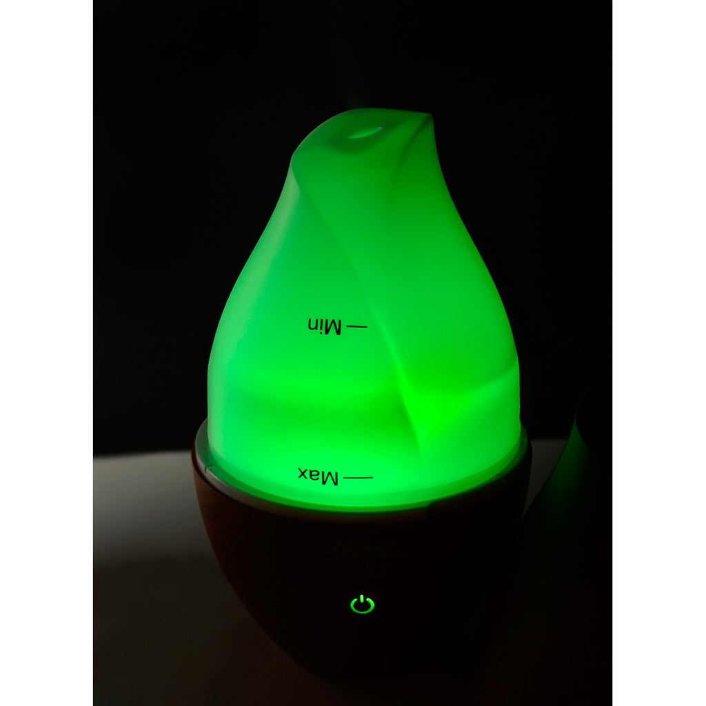 NWF1233 | Green-lit essential oil diffuser with Min and Max marks and power button illuminated - Thumbnail