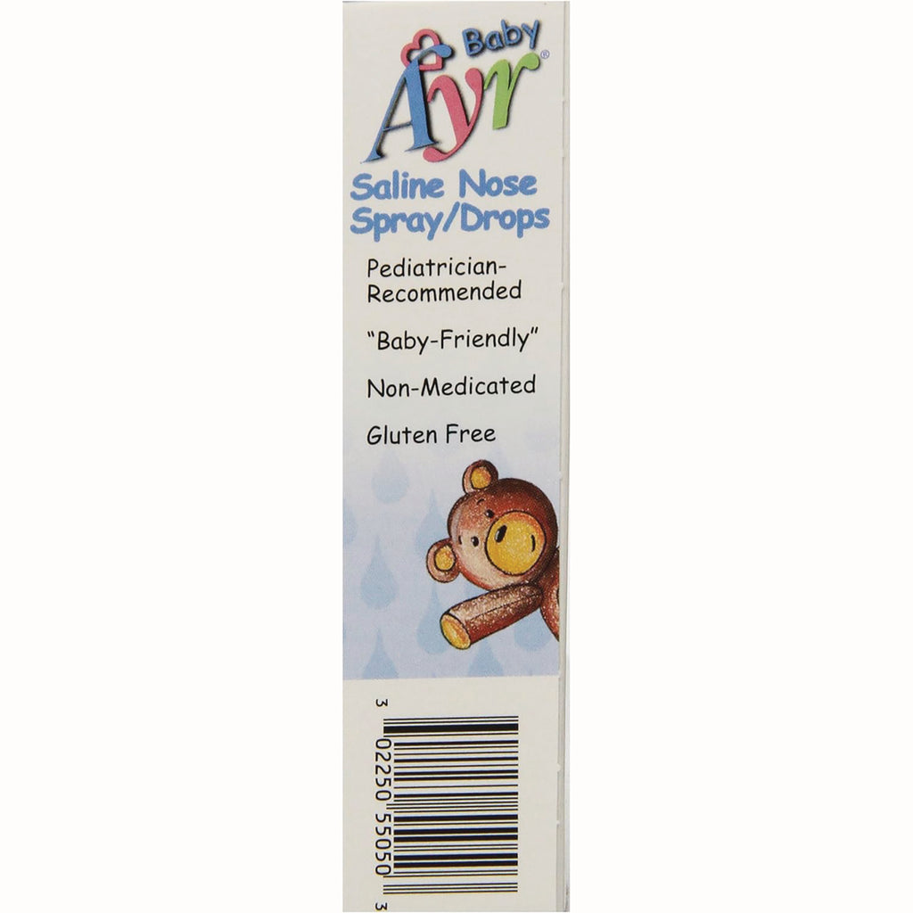 BFA002 | Baby Ayr saline nose spray/drops product infographic listing pediatrician-recommended, baby-friendly, non-medicated, gluten free - Thumbnail