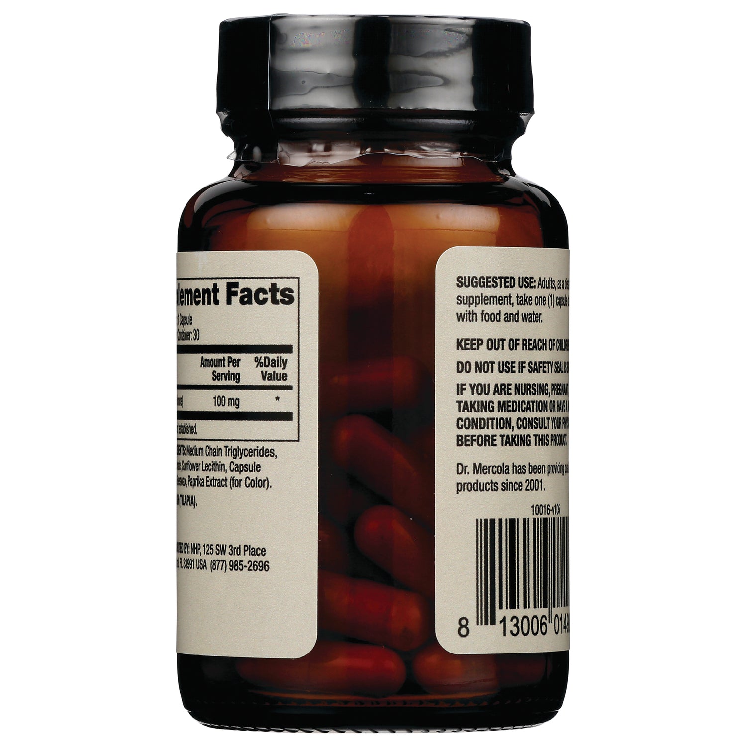 MRC109 | Amber pill bottle back showing supplement facts label, warnings, and barcode