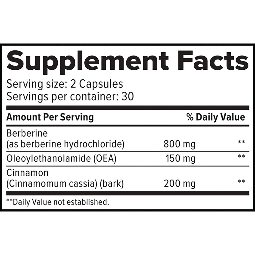 CV054 | Supplement Facts panel showing serving size 2 capsules; berberine 800 mg, oleoylethanolamide 150 mg, cinnamon 200 mg - Thumbnail