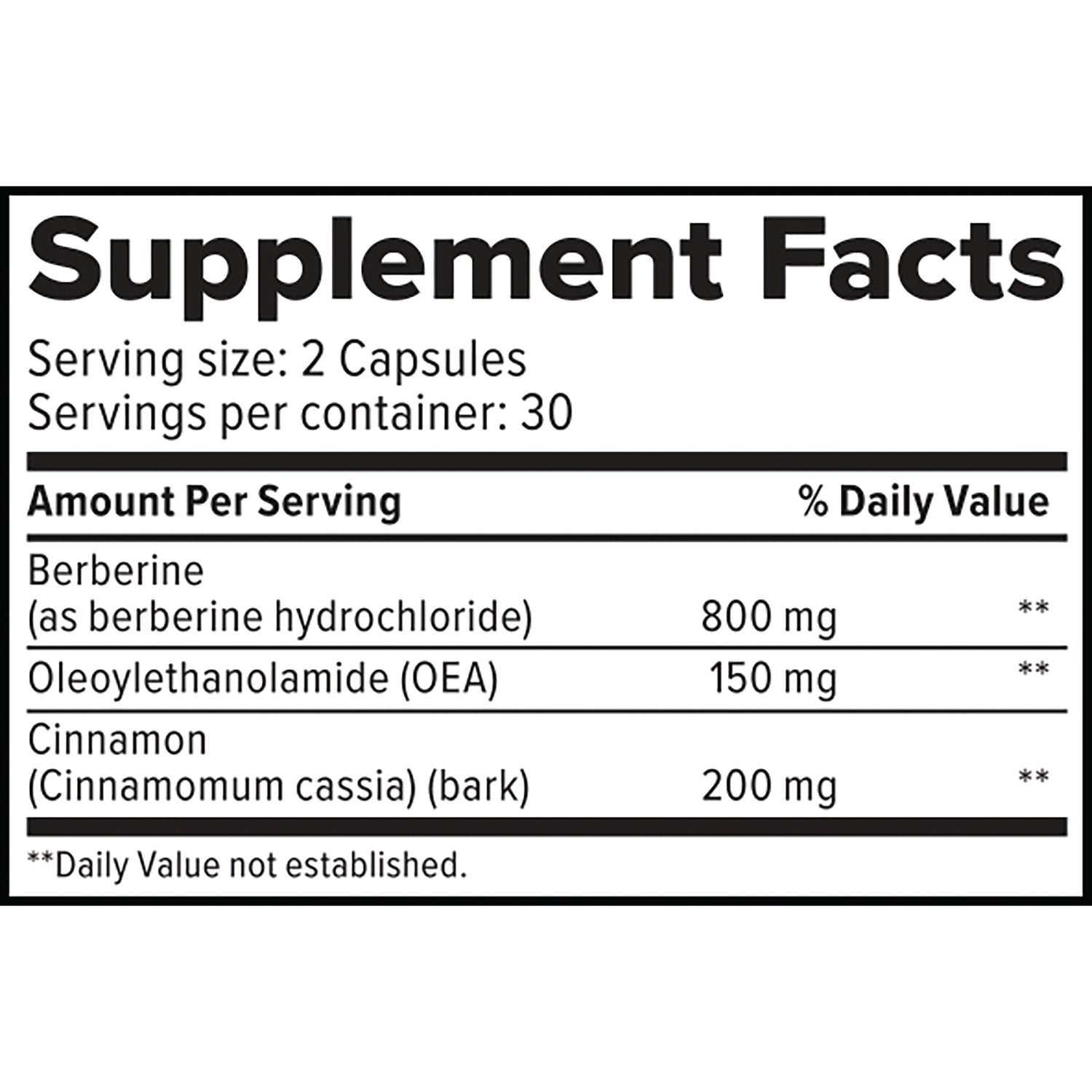 CV054 | Supplement Facts panel showing serving size 2 capsules; berberine 800 mg, oleoylethanolamide 150 mg, cinnamon 200 mg