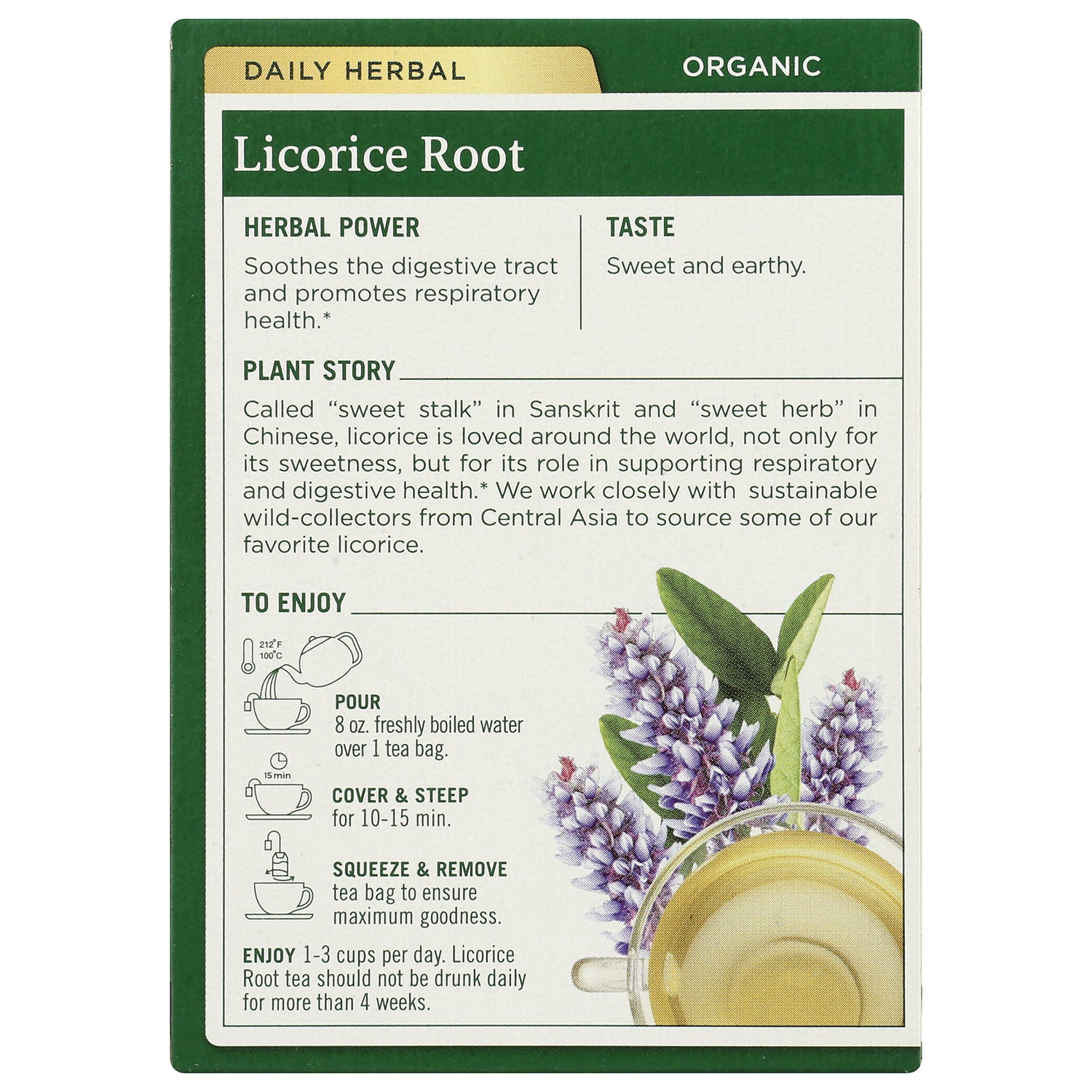 TMD023 | Back of Daily Herbal Organic Licorice Root tea box with herbal power, taste, and steeping directions