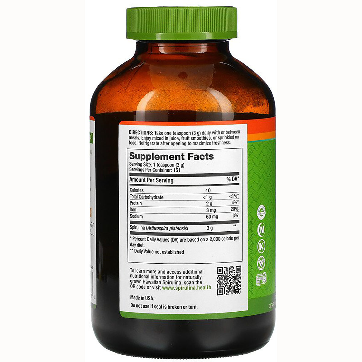 NUT009 | back of brown supplement bottle showing Supplement Facts panel, directions, serving size and QR code