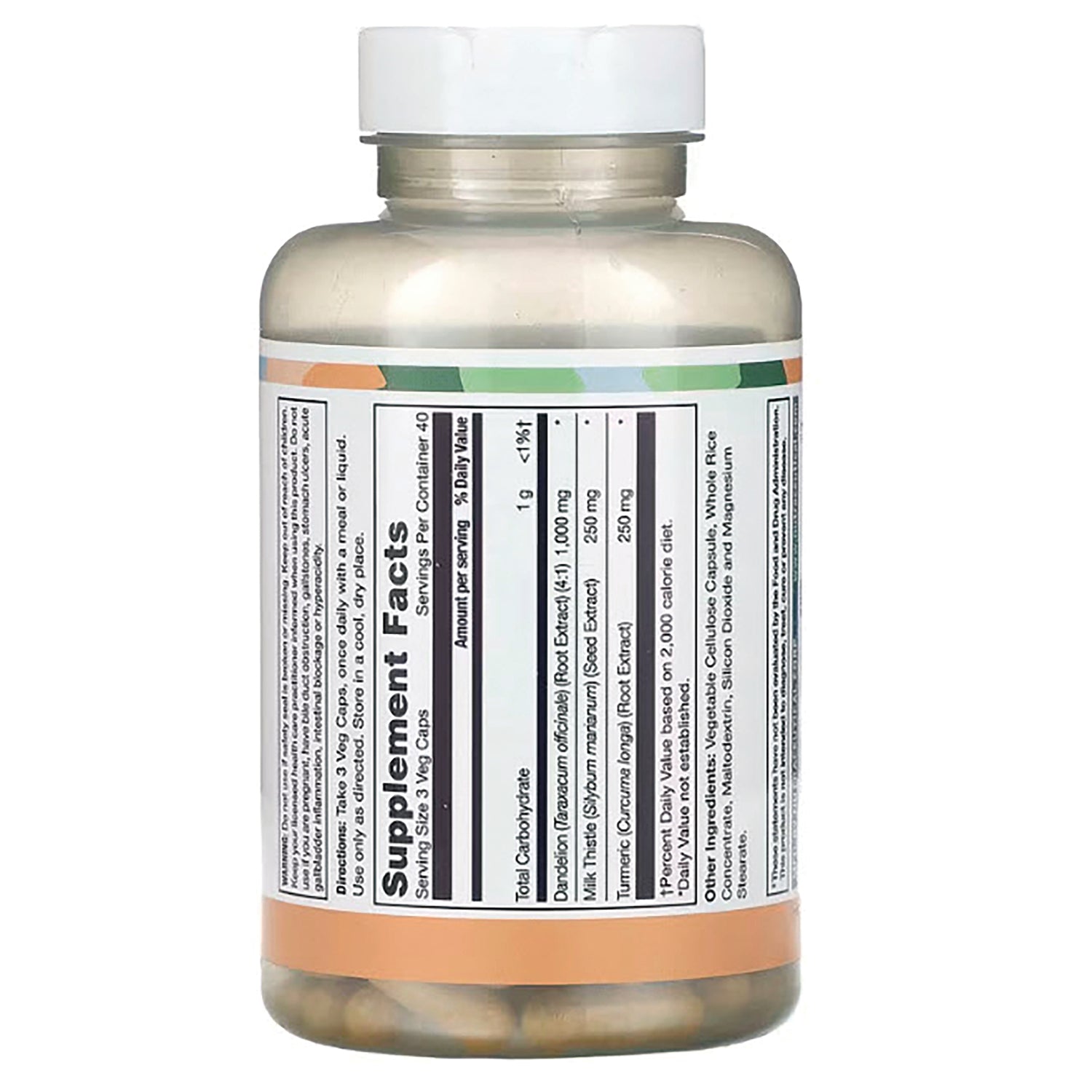 LFT067 | Back of clear supplement bottle showing Supplement Facts label and visible capsules