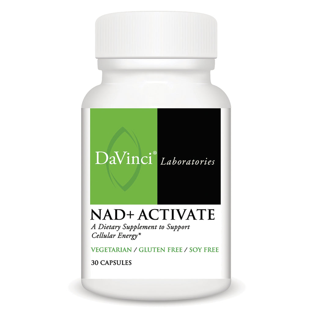 DVL169 | White bottle of DaVinci Laboratories NAD+ ACTIVATE supplement, 30 capsules, labeled vegetarian gluten free soy free - Thumbnail