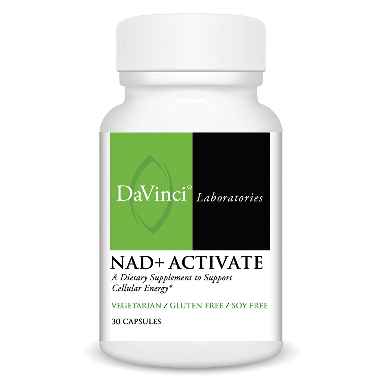 DVL169 | White bottle of DaVinci Laboratories NAD+ ACTIVATE supplement, 30 capsules, labeled vegetarian gluten free soy free