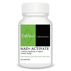 DVL169 | White bottle of DaVinci Laboratories NAD+ ACTIVATE supplement, 30 capsules, labeled vegetarian gluten free soy free