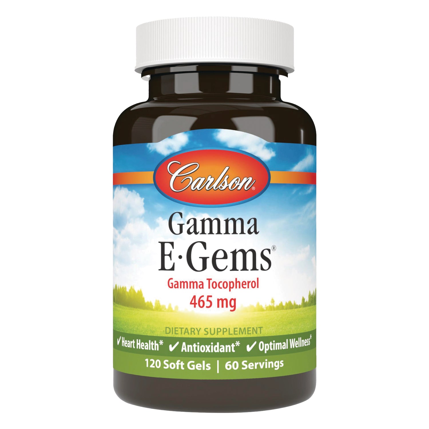 CSN249 | Carlson Gamma EGems bottle labeled Gamma Tocopherol 465 mg dietary supplement, 120 soft gels