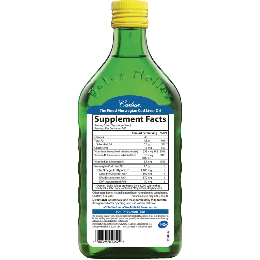 Green glass bottle back showing Supplement Facts label and nutrition facts for Norwegian cod liver oil - Thumbnail