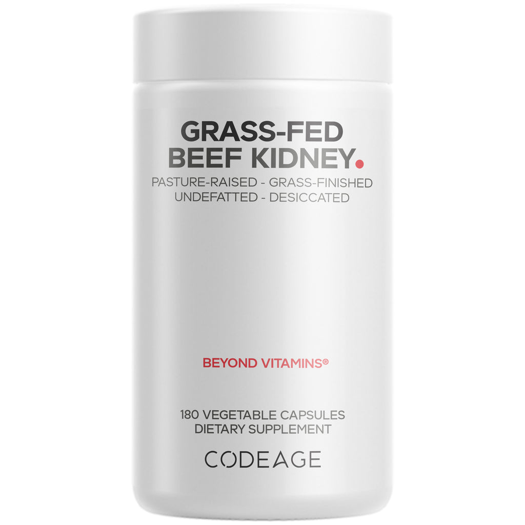CDG055 | White bottle labeled GRASS-FED BEEF KIDNEY freeze-dried raw, 180 vegetable capsules, CODEAGE - Thumbnail
