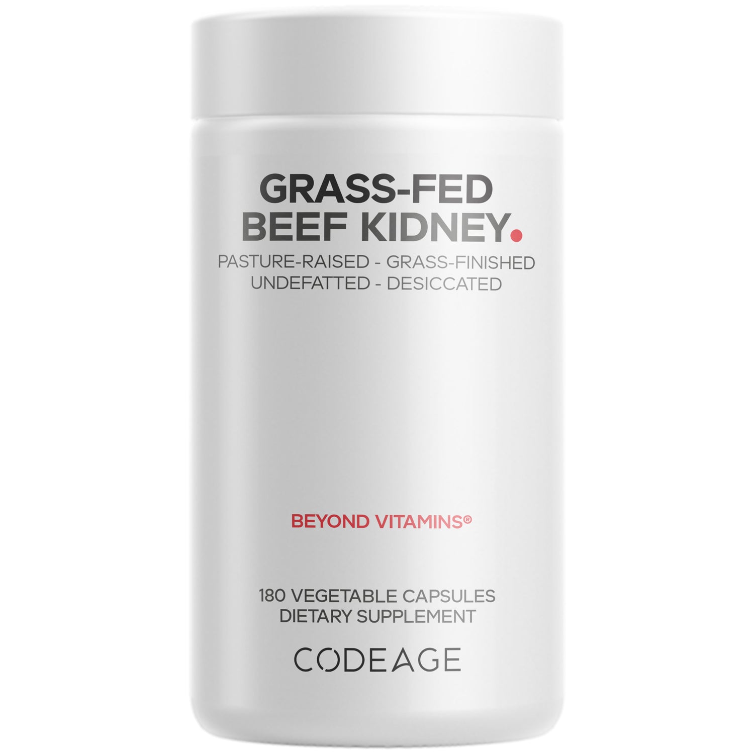 CDG055 | White bottle labeled GRASS-FED BEEF KIDNEY freeze-dried raw, 180 vegetable capsules, CODEAGE