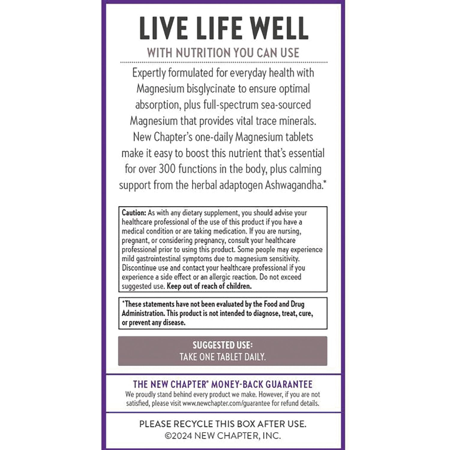 NWC388 | Back label with product description, caution box, and SUGGESTED USE TAKE ONE TABLET DAILY