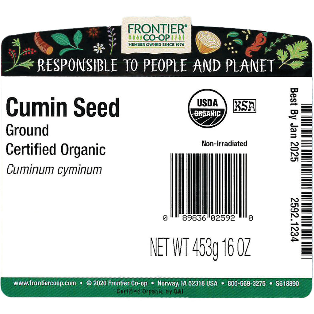 FNP034 | Frontier Co-op label back for ground Cumin Seed certified organic with barcode and NET WT 453g 16 OZ - Thumbnail