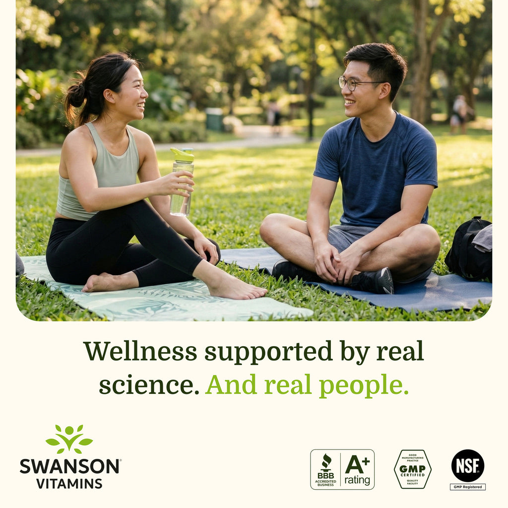 SW1831 | Swanson Vitamins lifestyle graphic with two people sitting on yoga mats in a park and brand certifications - Thumbnail