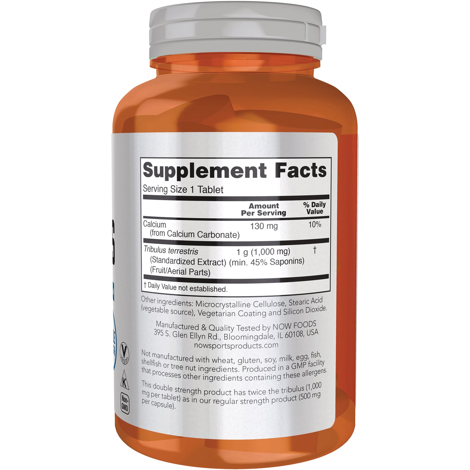 NWF852 | Back of orange supplement bottle showing Supplement Facts label with Serving Size 1 Tablet, calcium 130 mg and ingredients