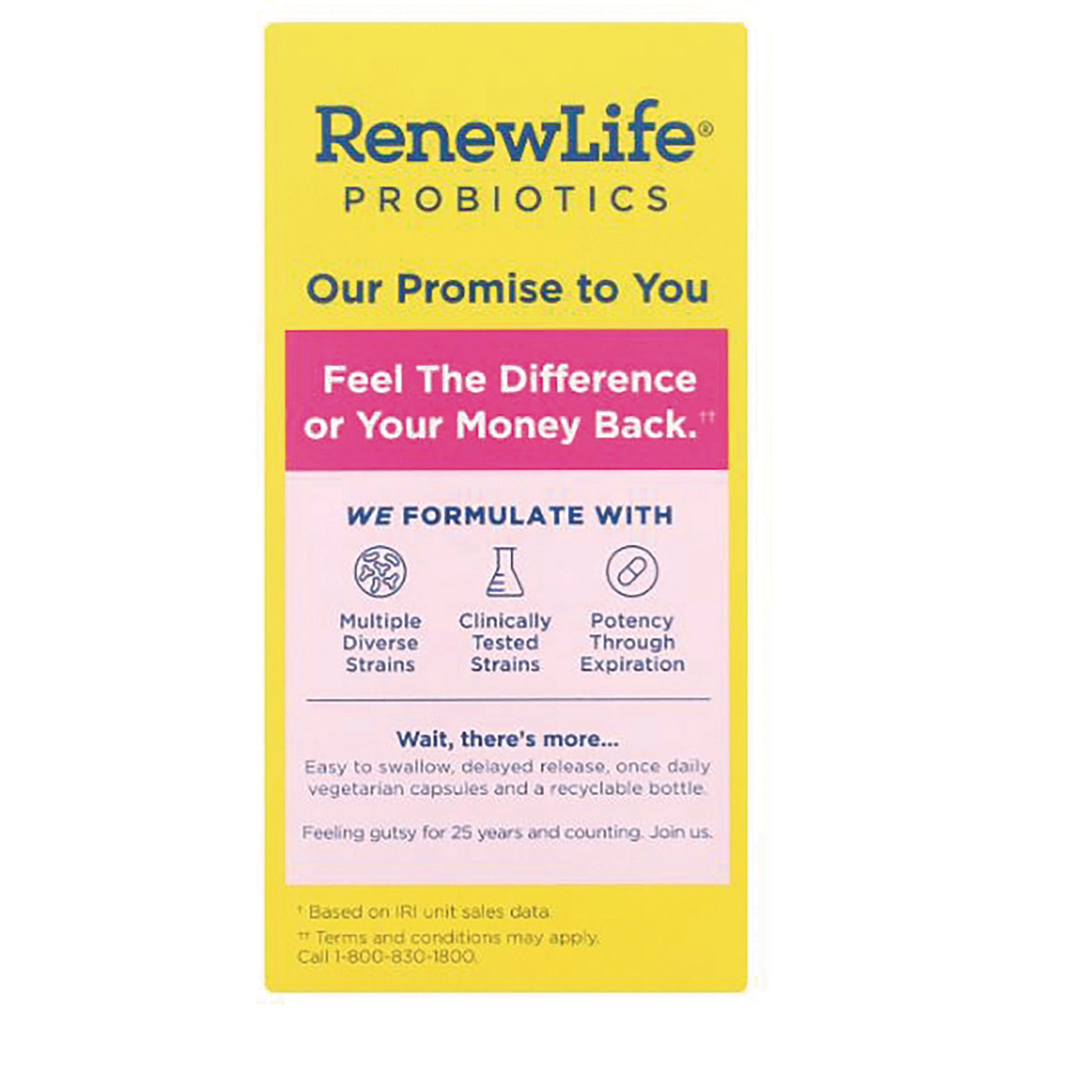 RNL219 | RenewLife probiotics product infographic showing promise, benefits icons and money-back claim